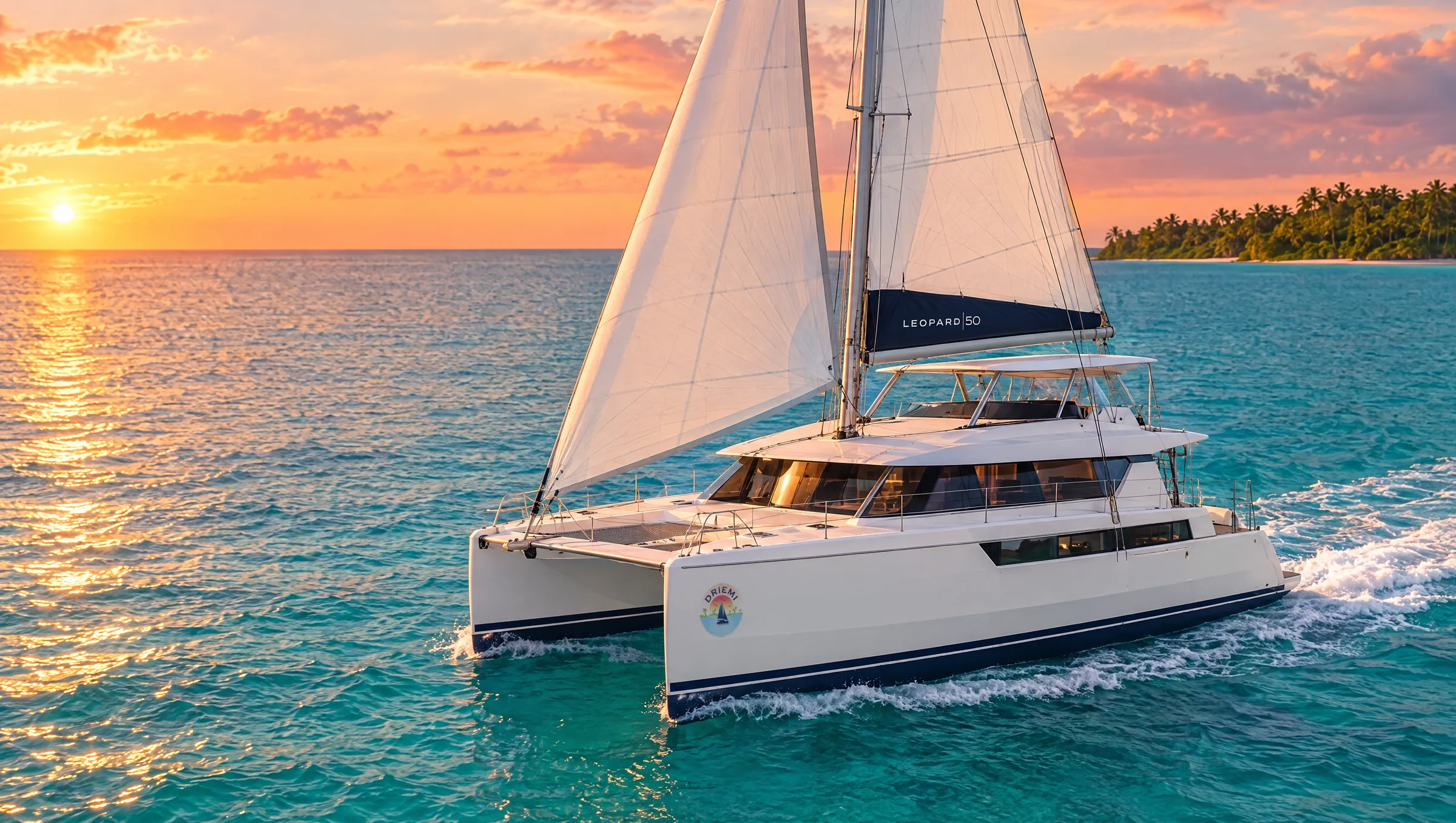 SV Driemi under full sail on turquoise water at golden hour