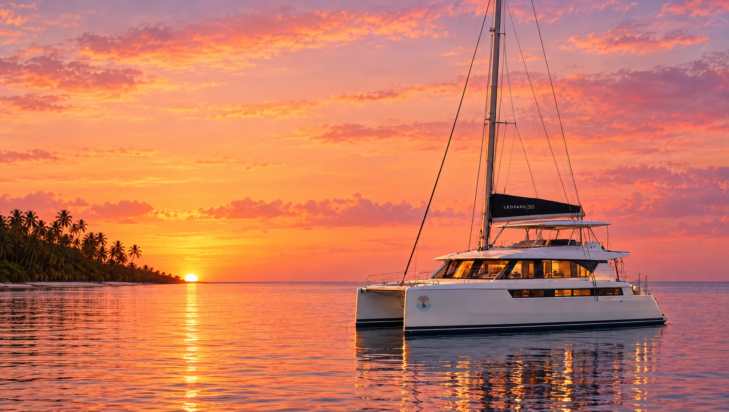 SV Driemi at anchor at sunset