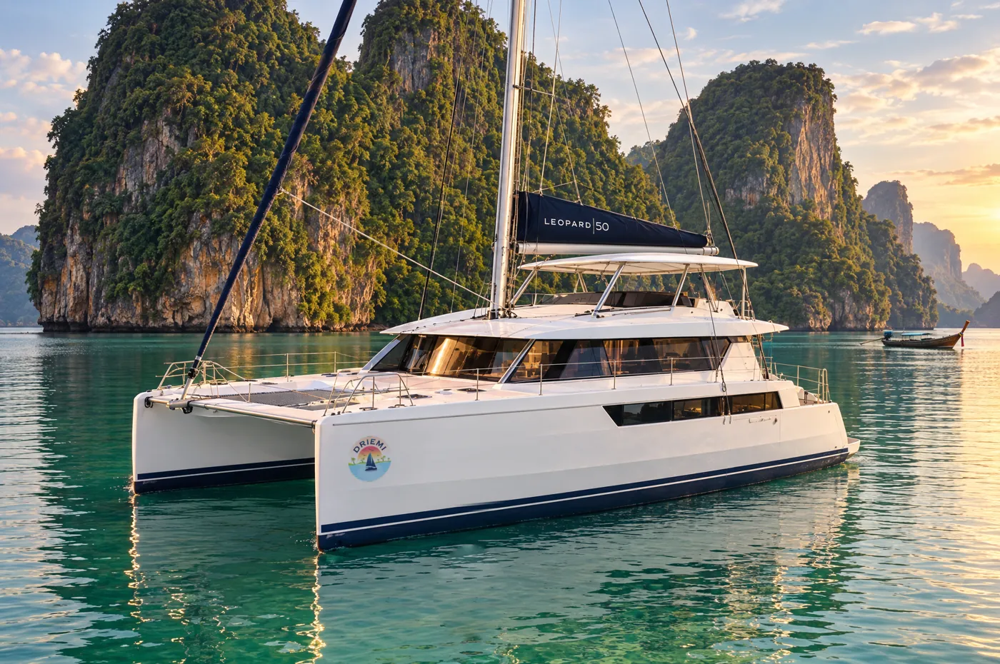 SV Driemi at anchor among the karsts of Phang Nga Bay, Thailand