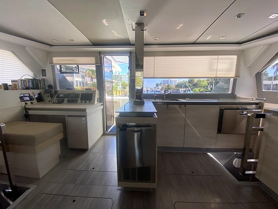 Saloon with galley, forward nav station and panoramic windows