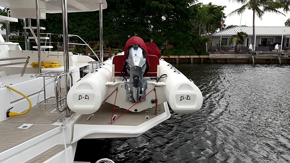 The tender Li-Li, a Brig RIB with outboard, stowed on Driemi's stern